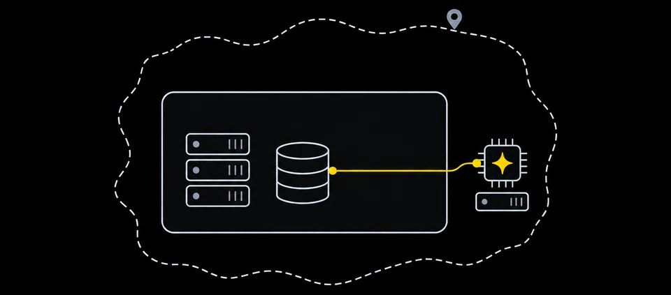 Your company inside your country. The yellow line goes from your database out of the company to an AI server that is still inside the country border.