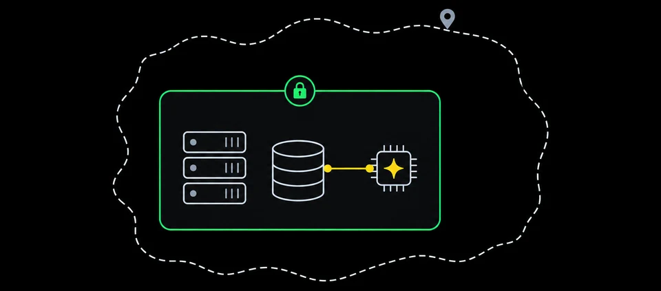 Your company with its servers, database and AI chip inside a locked green boundary, inside your country. The yellow line stays inside the company.