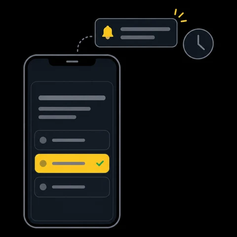 Company documents flowing into a phone quiz with the right answer checked, and a daily push notification