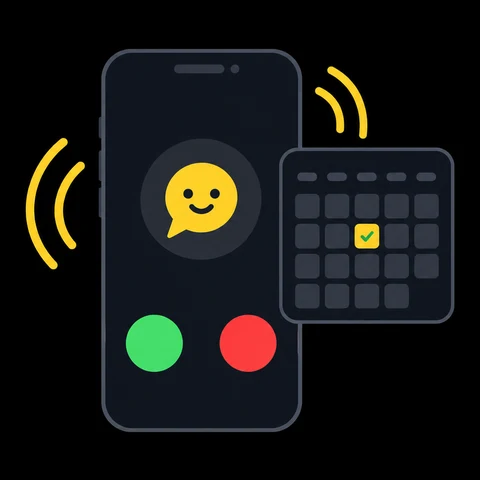 A phone ringing with the AI Talk smiley answering, next to a calendar with a booked day